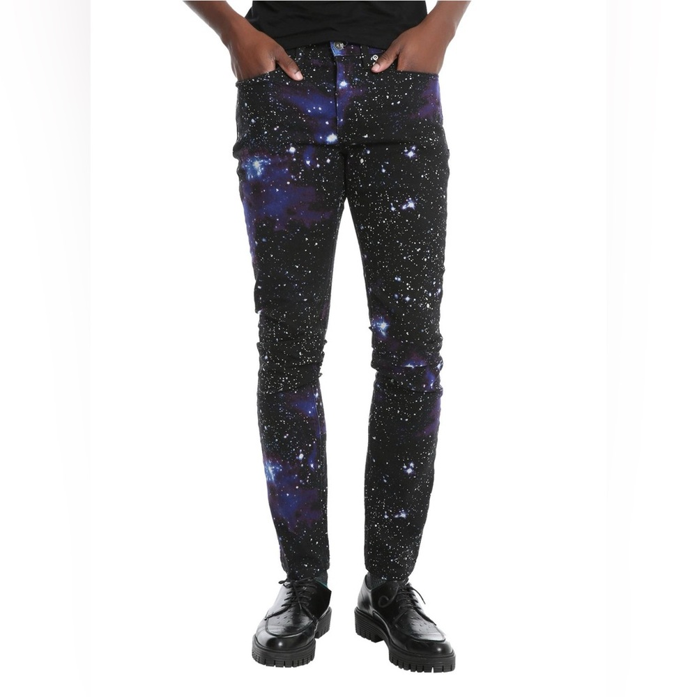 MENS XXX RUDE GALAXY PRINT SKINNY JEANS